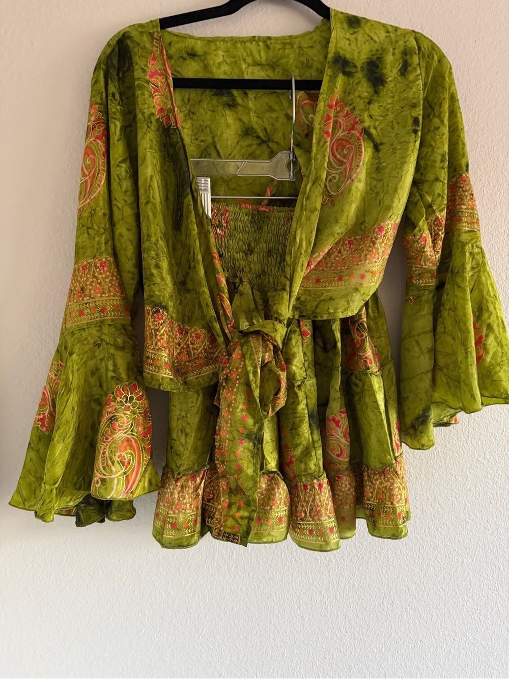 Green Paisley Silk Blend Matching Set Tie Front Mini Skirt Boho Fairy Hippie